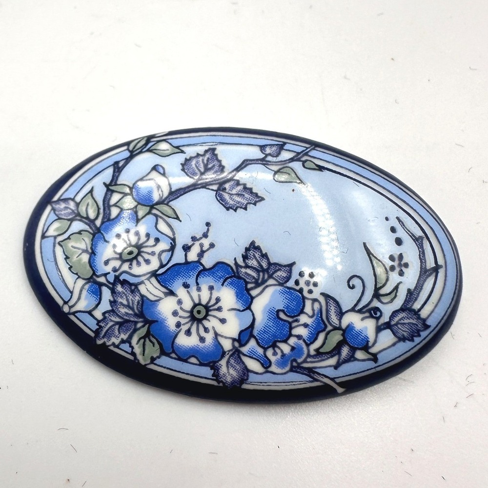 Vintage 90s Michaela Frey Blue Floral Oval Brooch Pin Women's Classic Jewelry